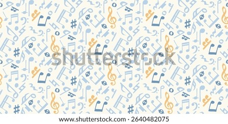 Seamless pattern of hand-drawn music notes and symbols in pastel blue and orange on off-white background. A fresh and playful design. Perfect for music-themed textiles, stationery, or digital use.