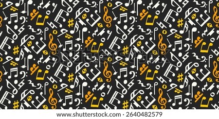 Seamless pattern of hand-drawn music notes and symbols in white and yellow on black background. A bold and modern design combining rhythm, melody, and visual harmony. Ideal for music-themed textiles
