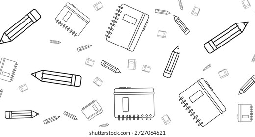 Un patrón sin fisuras de cuadernos y lápices dibujados a mano esparcidos sobre un fondo blanco, perfecto para temas educativos o creativos.
