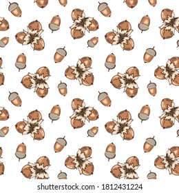Seamless pattern with with hand-drawn nuts and acorns on white background. Healthy diet. Modern background for packaging, ads, labels and other designs. Vector illustration