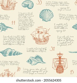 Seamless pattern with hand-drawn old ships, various seashells and handwritten text Lorem ipsum. Vector background in vintage style. Pencil drawings of shells and sailing yachts on an old paper