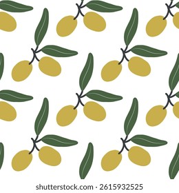 Seamless pattern of hand-drawn olive branches with green leaves and ripe yellow olives – ideal for food packaging, fabric, kitchen decor, organic branding, and Mediterranean product design.