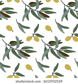 Seamless pattern of hand-drawn olive branches with green leaves and ripe yellow olives – ideal for food packaging, fabric, kitchen decor, organic branding, and Mediterranean product design.