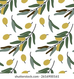 Seamless pattern of hand-drawn olive branches with green leaves and ripe yellow olives – ideal for food packaging, fabric, kitchen decor, organic branding, and Mediterranean product design.