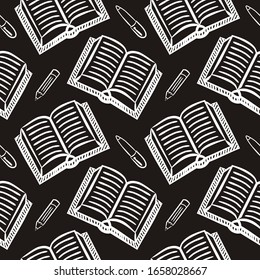 Seamless pattern of hand-drawn opened books, pencils and pens. Black background with white chalk strokes. Background for notebooks, textbooks, school and education topics. Vector illustration