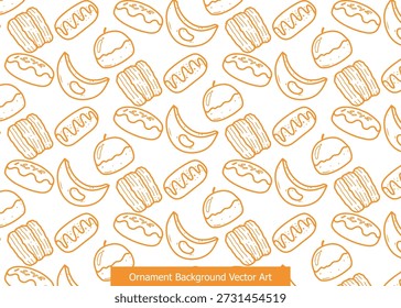 Patrón sin fisuras de contornos naranjas dibujados a mano de varios bocadillos dulces y frutas sobre un fondo blanco.