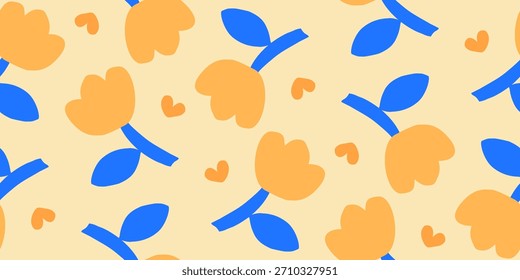 Seamless pattern of hand-drawn orange tulips with bold blue leaves on a warm yellow background. Playful floral design for fabrics, stationery, and spring themes.