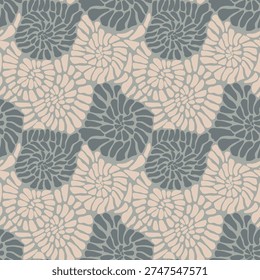 Seamless pattern with hand-drawn organic seashells and nautical ammonite shapes in neutral grey and beige colors.Modern abstract nature texture for home decor, wrapping paper, and summer projects.