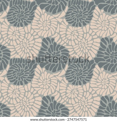 Seamless pattern with hand-drawn organic seashells and nautical ammonite shapes in neutral grey and beige colors.Modern abstract nature texture for home decor, wrapping paper, and summer projects.