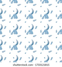 Seamless pattern of hand-drawn ornamental crescent stickers with crystals and feathers suspended from below and individually on a white background. Night music mobiles for kids. Vector.