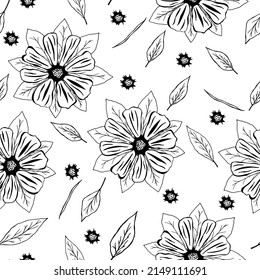 Seamless pattern of hand-drawn outline flowers and leaves. Floral elements theme