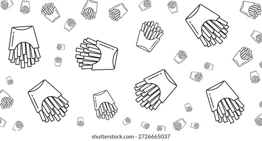 Um padrão perfeito de ilustrações em contorno feitas à mão com batatas fritas em caixas de papel, espalhadas por um fundo branco limpo, criando um design divertido e minimalista.