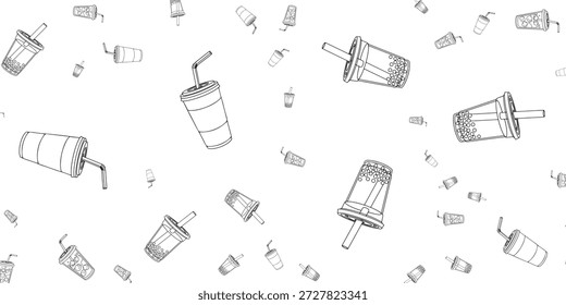 Un patrón sin fisuras de ilustraciones de contorno dibujadas a mano de varias bebidas en tazas con pajitas, esparcidas sobre un fondo blanco.