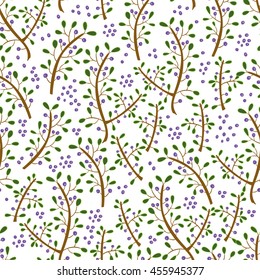 Seamless pattern of hand-drawn or painted branches with leaves and berries. Vector graphics.