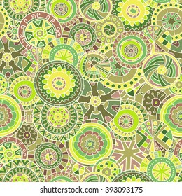 Seamless pattern of hand-drawn and painted mandalas. Vector graphics.