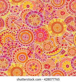 Seamless pattern of hand-drawn and painted mandalas. Vector graphics.