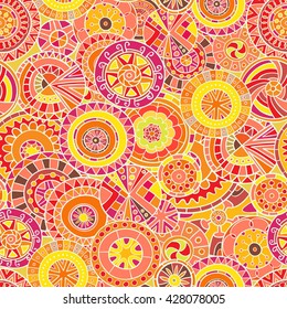 Seamless pattern of hand-drawn and painted mandalas. Vector graphics.