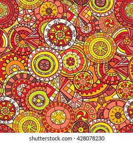 Seamless pattern of hand-drawn and painted mandalas. Vector graphics.