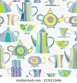 Seamless pattern of hand-drawn and painted teapots and cups. Vector graphics.