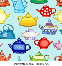 Seamless pattern of hand-drawn and painted teapots.