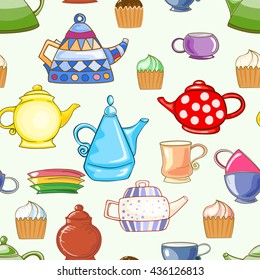 Seamless pattern of hand-drawn and painted teapots, cups, saucers and cupcakes. Vector graphics.