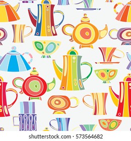 Seamless pattern of hand-drawn and painted teapots and cups. Vector graphics.