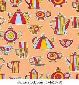 Seamless pattern of hand-drawn and painted teapots and cups in a cartoon style. Vector graphics.
