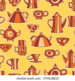 Seamless pattern of hand-drawn and painted teapots and cups in a cartoon style. Vector graphics.