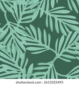 Seamless pattern of hand-drawn palm leaves in light green on dark green background, tropical vector illustration. Great for summer fabrics and packaging.