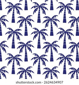 Seamless pattern with hand-drawn palm tree silhouettes in navy blue. Tropical summer design perfect for fabric, packaging, wallpaper, and vacation-themed projects.