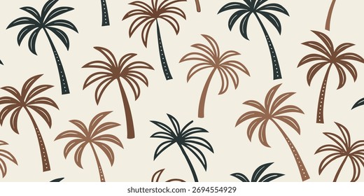 Um padrão sem costura de palmeiras desenhadas à mão em marrom e preto em um fundo bege claro. Perfeito para adicionar um toque tropical e de verão a qualquer projeto de design.