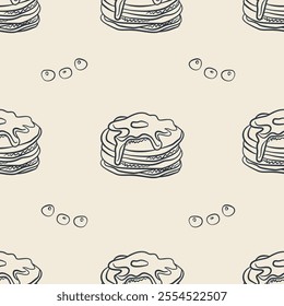Seamless Pattern with Hand-Drawn Pancakes and Blueberries