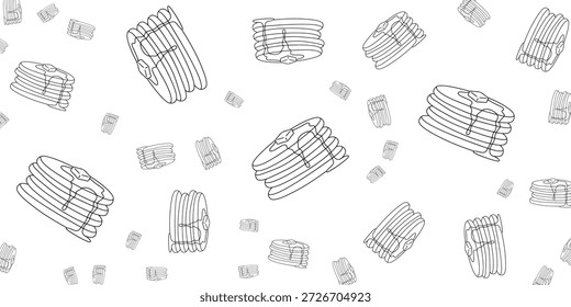 A seamless pattern of hand-drawn pancakes with syrup drizzled on top, scattered across a white background. The illustration features multiple stacks of pancakes in various orientations, creating a playful and appetizing design.