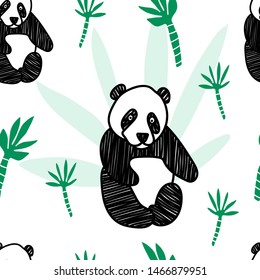 Seamless pattern with handdrawn pandas and leaves.