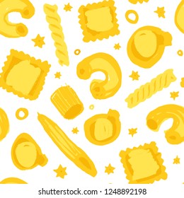 Seamless pattern with handdrawn pasta. Yellow shapes isolated on white background. Vector cute design for fabric, wallpaper, wrapping
