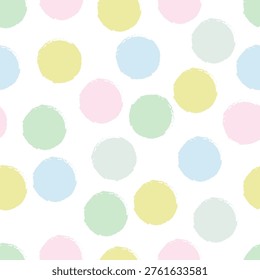 Seamless pattern of hand-drawn pastel circles, resembling polka dots, on a white background, creating a calm and cute abstract design.