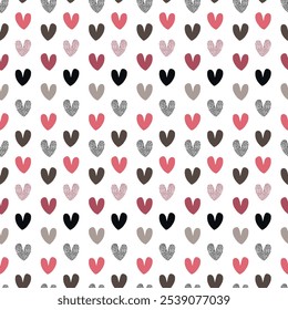 Seamless pattern with hand-drawn pastel hearts, symbolizing love. Ideal for Valentine's Day, children’s prints, textiles, and festive decorations.