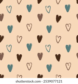 Seamless pattern with hand-drawn pastel hearts, symbolizing love. Ideal for Valentine's Day, children’s prints, textiles, and festive decorations.