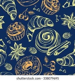 Seamless pattern with hand-drawn pastries, berries and spices: croissant, sprinkled donut, cinnamon roll, tartlet with berries, cherry, blackberry, cinnamon sticks and star anise. 
