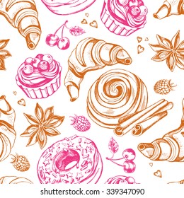 Seamless pattern with hand-drawn pastries, berries and spices: croissant, sprinkled donut, cinnamon roll, tartlet with berries, cherry, blackberry, cinnamon sticks and star anise.