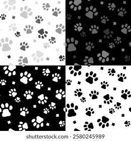 Seamless pattern of hand-drawn cat’s paw prints. cat footprints, tracks.