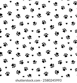 Seamless pattern of hand-drawn cat’s paw prints. cat footprints, tracks.