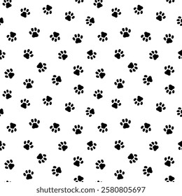 Seamless pattern of hand-drawn cat’s paw prints. cat footprints, tracks.