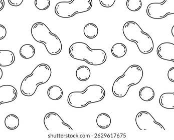 Seamless pattern of hand-drawn peanuts and round nuts in black and white. Simple line art style on white background. Ideal for food packaging, fabric design, or health snack branding.