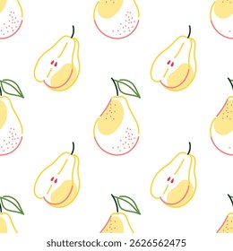 Padrão sem costura com pera desenhada à mão. Fundo de frutas de desenhos animados repetidos