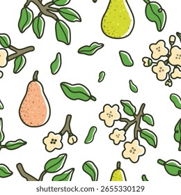 Patrón sin fisuras con peras dibujadas a mano, ramas, hojas y flores de pera. Ilustración vectorial linda y juguetona en estilo de dibujos animados. Perfecto para la tela, papel de embalaje, y los diseños de los niños.