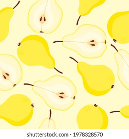 Seamless pattern of hand-drawn pears pattern. Vegan food, fruit background. Colorful background texture for kitchen, wallpaper, textile, fabric. Fruit background. Vector illustration.