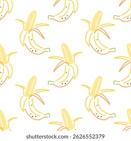 Padrão sem costura com bananas descascadas desenhadas à mão sobre fundo branco. Ilustração minimalista de frutas de desenhos animados