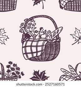 Seamless pattern of hand-drawn picnic baskets filled with bread, fruit, flowers, and autumn leaves on beige background. Autumn harvest and outdoor picnic design