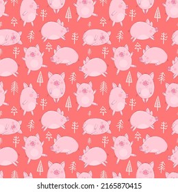 Seamless pattern of hand-drawn pigs and Christmas trees on an isolated red background. Vector illustration of piglets for the New Year, prints, wrapping paper, cards, children, decor.